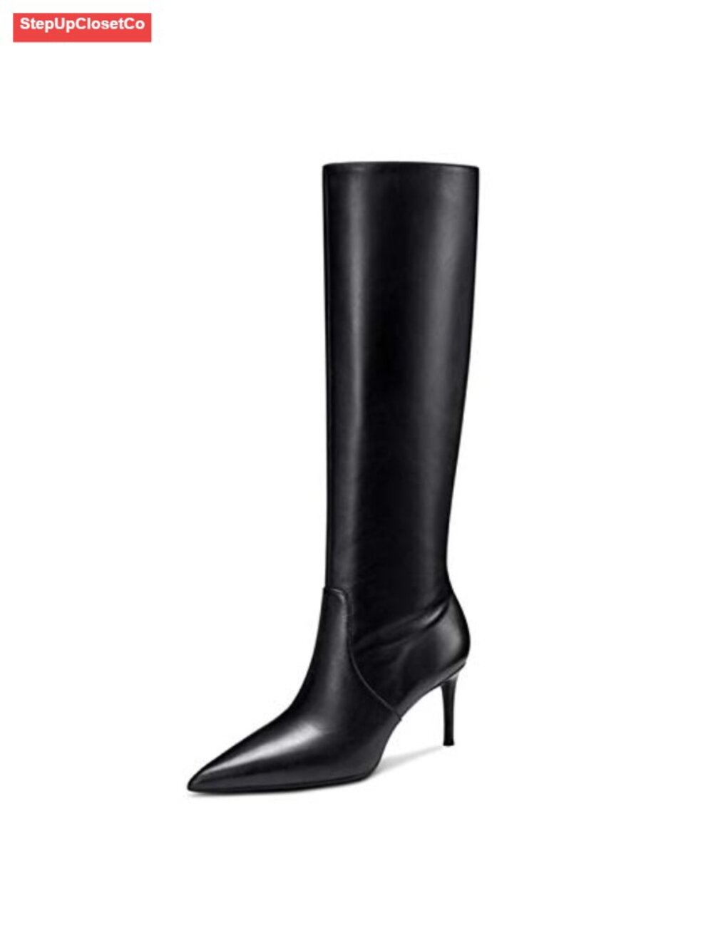 Women's Pointed Toe Kitten Heel Knee High Boots Faux Leather Side Zip Boots